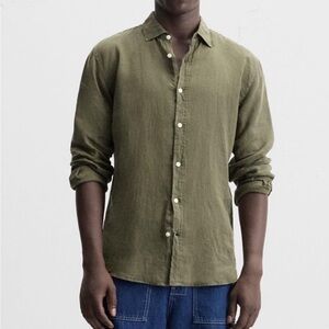 Zara Men's Casual Dark Green Linen Shirt